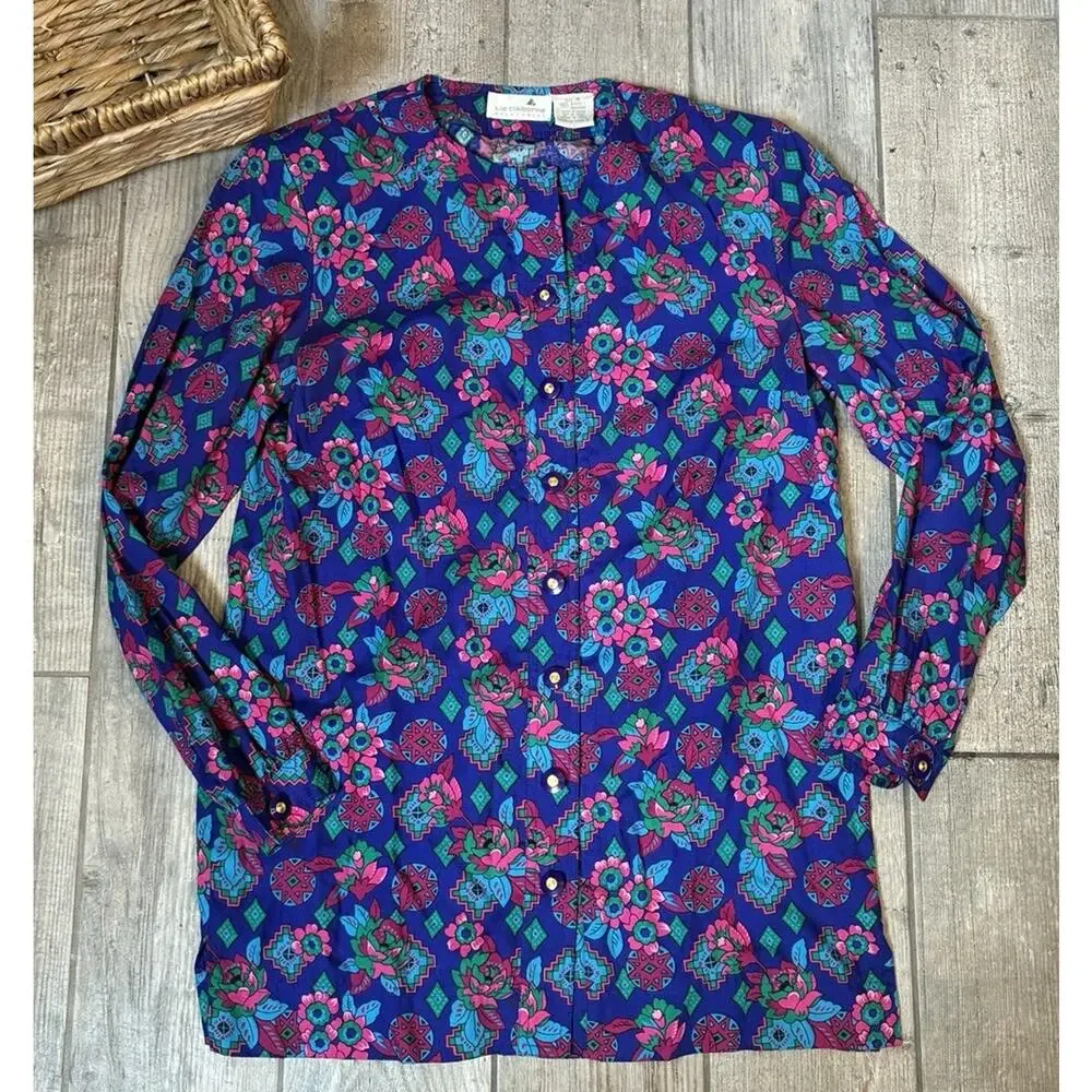 Vtg Liz Claiborne Sport Pleated Midi Skirt & Blouse Set Jewel Tone Floral Size 4